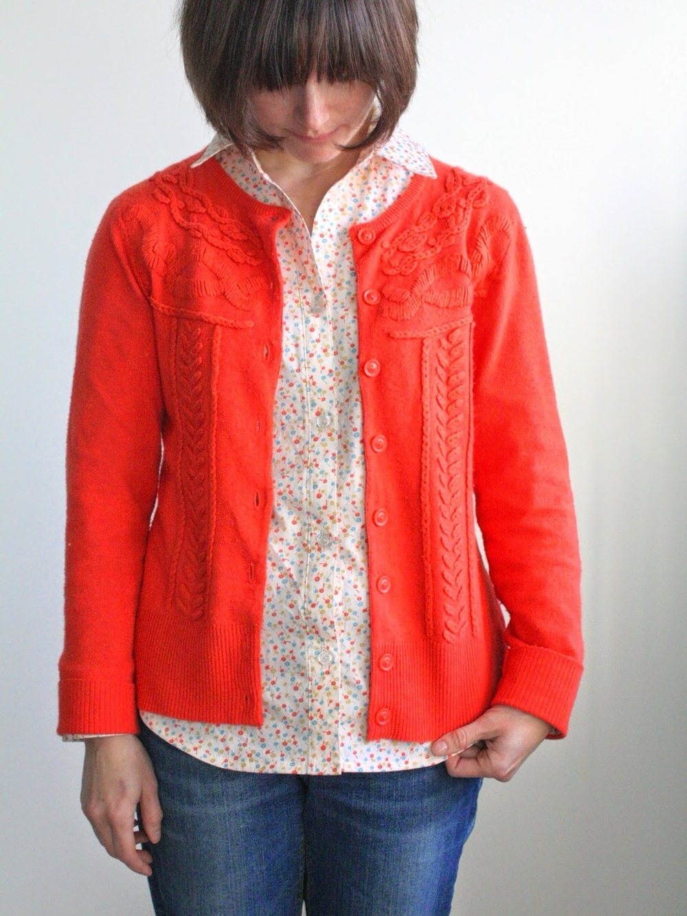 Tabitha Anthropologie Women’s Coral Cable Knit Button-Up Sweater Cashmere Blend
